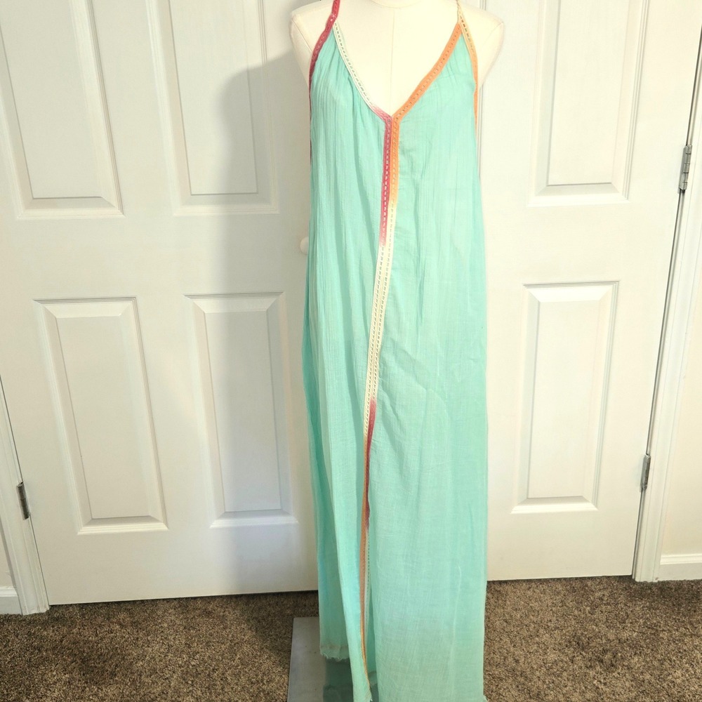 Z&L Europe Maxi Dress Womens One Size Aqua Cotton Crochet Trim Boho Tassel Tie